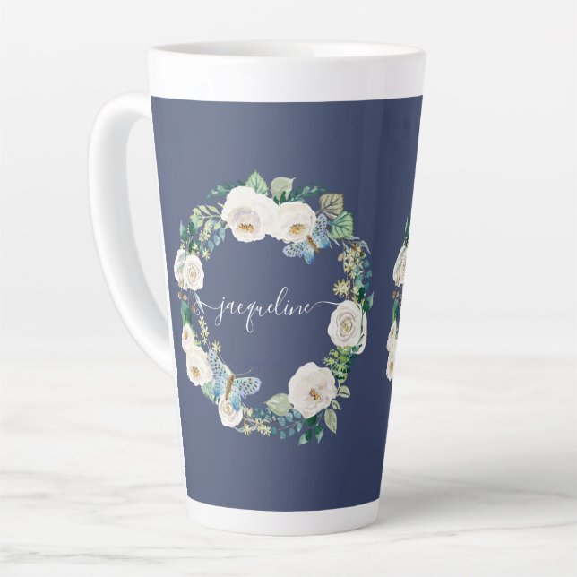 Tasse Latte Chic Wreath Aquarelle Marine Blanc Floral Papillon (Angle gauche)