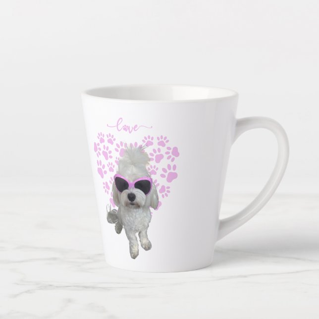Tasse Latte Chien maltais mignon avec lunettes de soleil roses (Droite)
