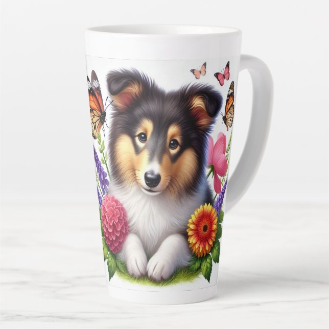 Tasse Latte Chien-mouton Shetland avec fleurs et papillons (Angle droit)