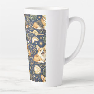 Tasse Latte Chiens Corgi Élégants Motif Damassé Or Bleu Nuit 