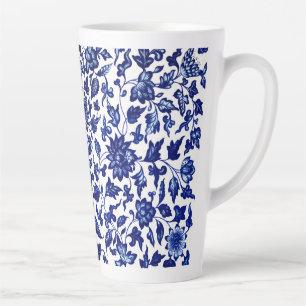 Tasse Latte Chinois bleu marine foncé motif floral sur blanc