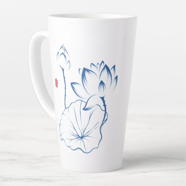 Tasse Latte Chinoiserie Bleu Blanc Lotus Inspirant Citation (Angle gauche)