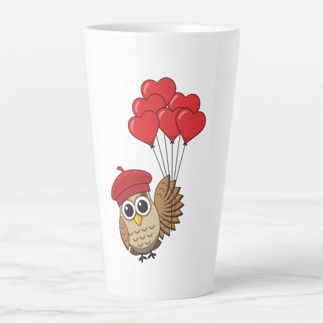 Tasse Latte Chouette mignonne volant avec des ballons de coeur (Devant)