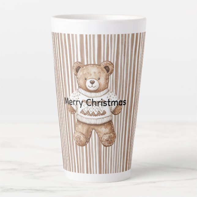 Tasse Latte Christmas Brown Cream Teddy Bear Stripes (Devant)