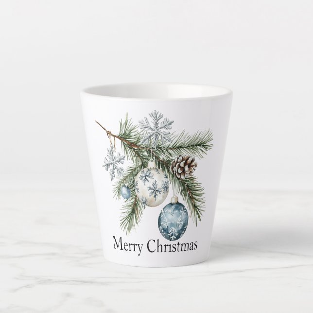 Tasse Latte Christmas Pine Tree Snowflake Blue White Ornaments (Devant)