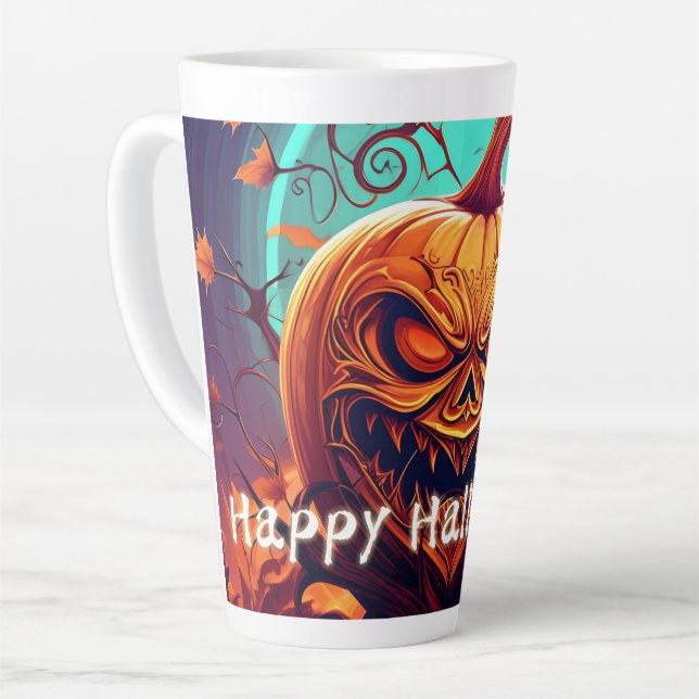 Tasse Latte Citrouille orange effrayant avec visage, Halloween (Angle gauche)