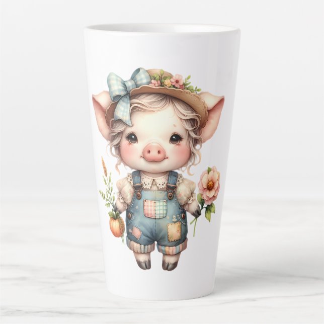 Tasse Latte Cochon fermier mignon dans les salons avec fleurs (Devant)