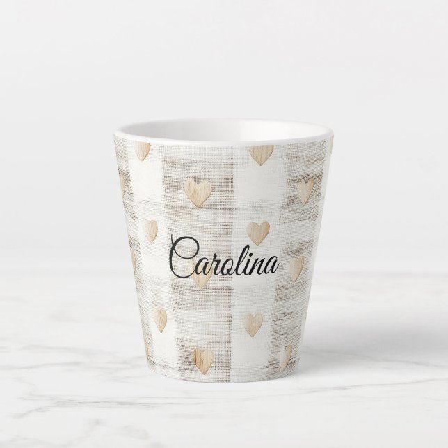 Tasse Latte Coeurs Boho Beige Blanc Crème (Devant)