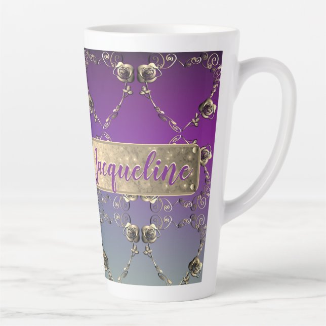 Tasse Latte Coeurs fantaisie Dégradé violet avec nom (Droite)