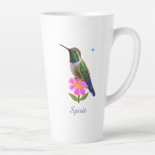 Tasse Latte Colibri et fleur colorés avec écriture sur fond bl