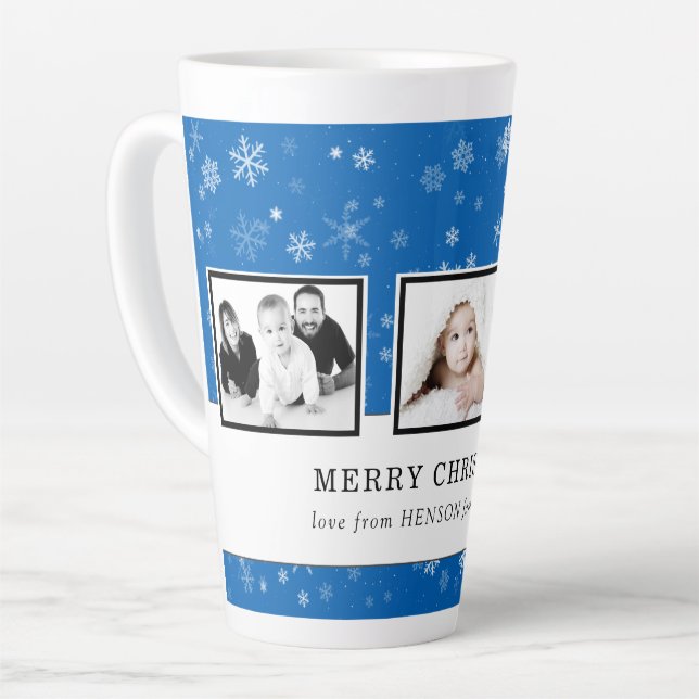 Tasse Latte Collage de photos de Noël Famille Blue Snowflake (Angle gauche)