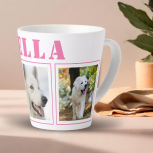 Tasse Latte Collage photo Chien Rose 3 avec nom 