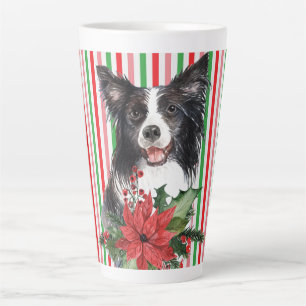 Tasse Latte Collie Bordure Aquarelle Avec Poinsettia
