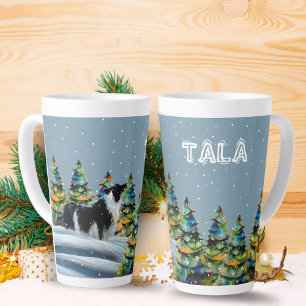Tasse Latte Collie frontalier en hiver Forêt de neige Arbre de