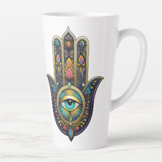 Tasse Latte Colorful Black Gold Hamsa w/ Turquoise Third Eye