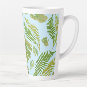 Tasse Latte Couleur Bleue Feuille Verte. Motif feuille
