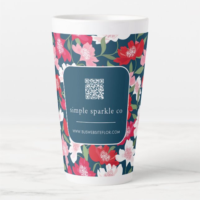 Tasse Latte Couleur Rouge Floral Modèle QR Code Entreprise (Devant)