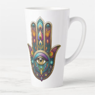 Tasse Latte Couleurs de paon Hamsa avec troisième œil doré