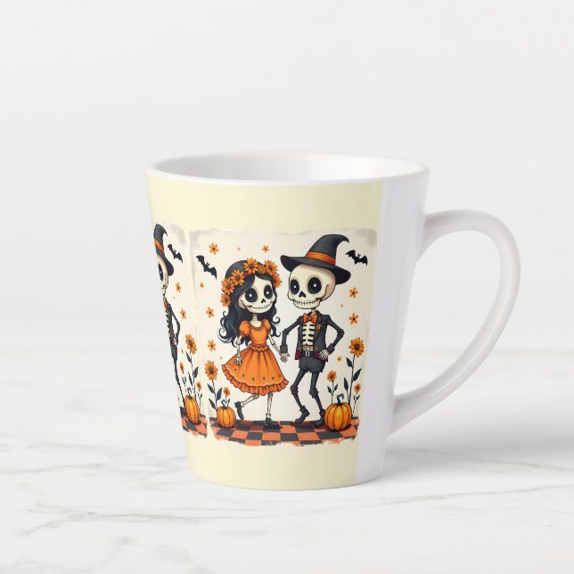 Tasse Latte Couple de squelette d'Halloween mignon en orange (Droite)