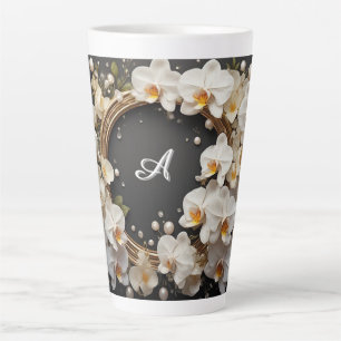 Tasse Latte Couronne florale d'orchidées blanches avec perles