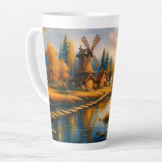 Tasse Latte Cozy Windmill Village at Sunrise