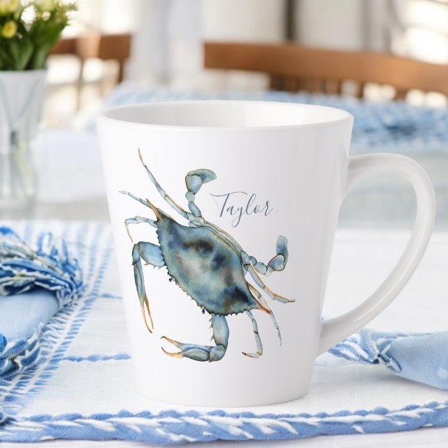 Tasse Latte Crabe Bleu du bord de mer avec votre nom (Créateur téléchargé)