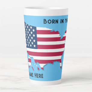 Tasse Latte Customisé Né aux Etats-Unis Carte Drapeau Rouge Bl
