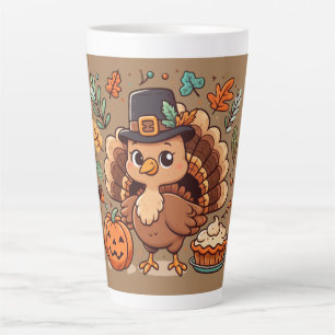Tasse Latte Cute caricature Thanksgiving dinde et citrouille