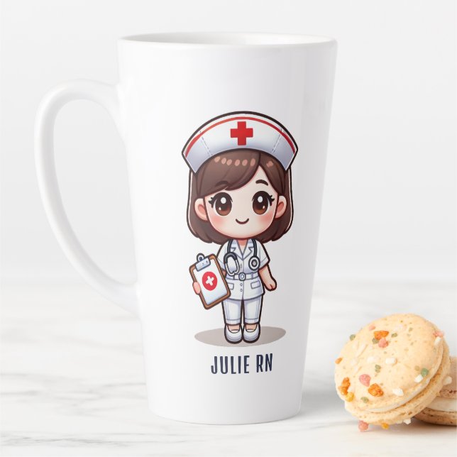 Tasse Latte Cute Manga Nurse Brunette Yeux Brown personnalisés (En situation)
