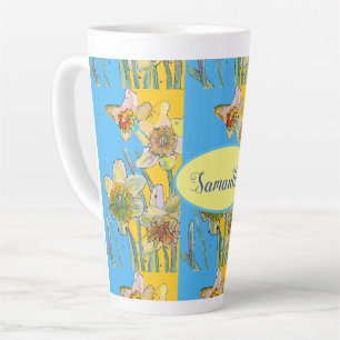 Tasse Latte Daffodil Peinture Aquarelle Jaune Bleu floral