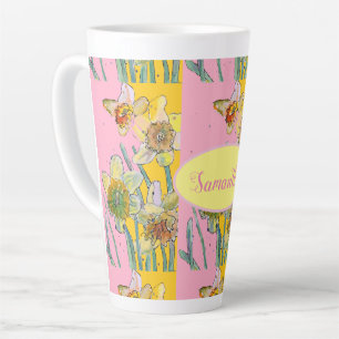 Tasse Latte Daffodil Peinture Aquarelle Jaune Rose floral Mu