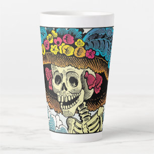 Tasse Latte Dame Crâne de Sucre au Chapeau de Soleil Floral Gr