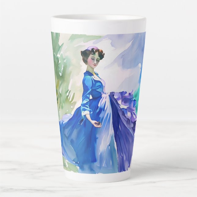 Tasse Latte Dame en Robe Bleue - Peinture aquarelle (Devant)