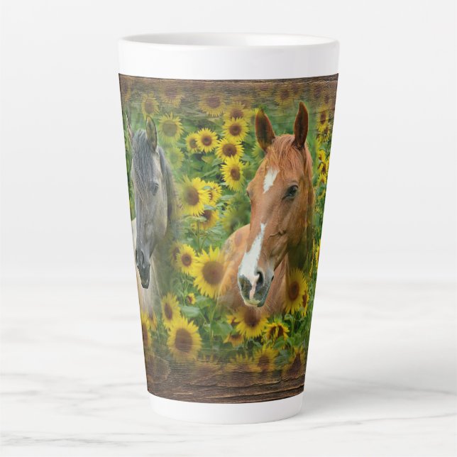 Tasse Latte De beaux chevaux dans le champ de tournesols (Devant)