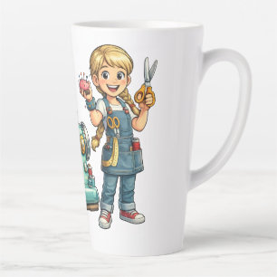Tasse Latte Dessin animé de fille cousant mignonne avec machin