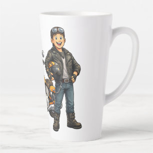 Tasse Latte Dessin animé de motard avec art de pilote de moto