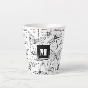 Tasse Latte Dessin d'insectes noir et blanc vintage