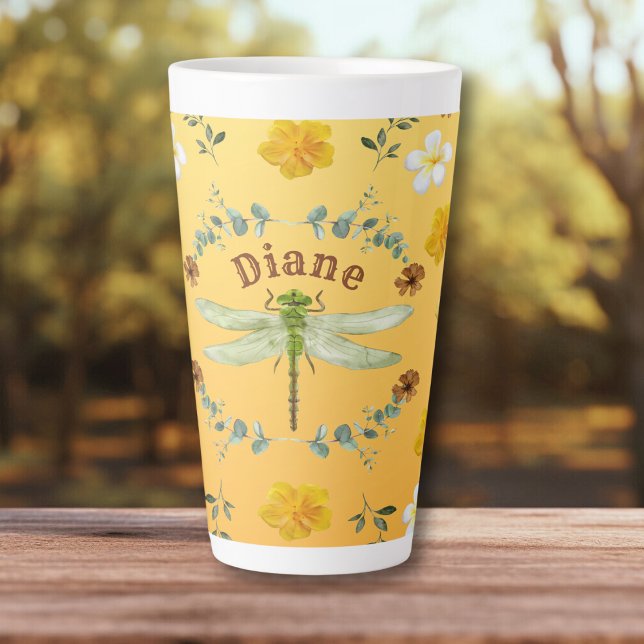 Tasse Latte Dragonfly en or, vert, Fleurs jaunes (Créateur téléchargé)