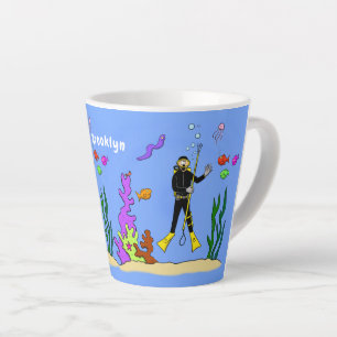 Tasse Latte Drôle plongeur et poisson mer créatures dessin ani