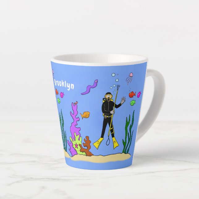Tasse Latte Drôle plongeur et poisson mer créatures dessin ani (Angle droit)