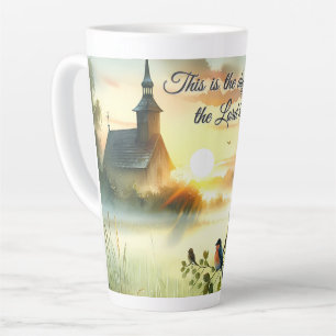 Tasse Latte Église au lever du soleil avec des oiseaux dans un