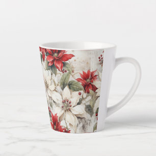 Tasse Latte Élégance baisée à la neige Poinsettia blanche et r