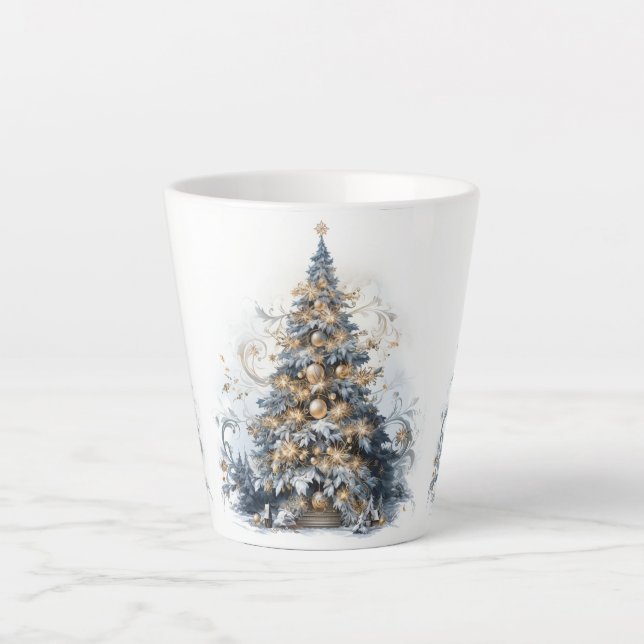 Tasse Latte Élégant Arbre de Noël Or Ornements Neige (Devant)