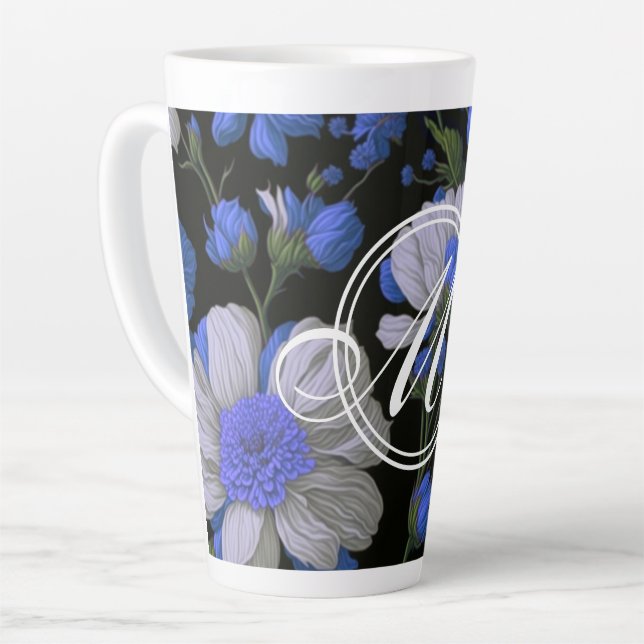Tasse Latte Elégant bleu argenté blanc élégant floral rétro (Angle gauche)