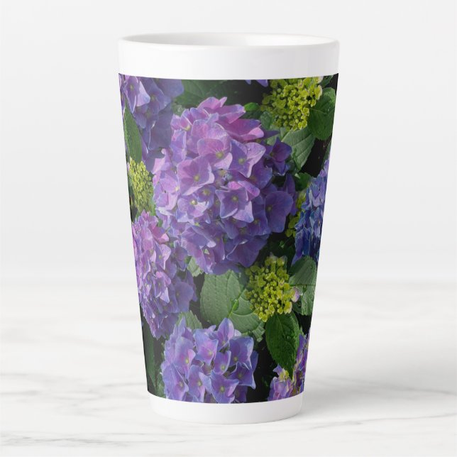 Tasse Latte Elégant bleu violet magenta vert hydrangée florale (Devant)