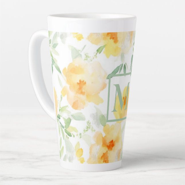 Tasse Latte Elégant jaune pêche orange aquarelle fleurie (Angle gauche)