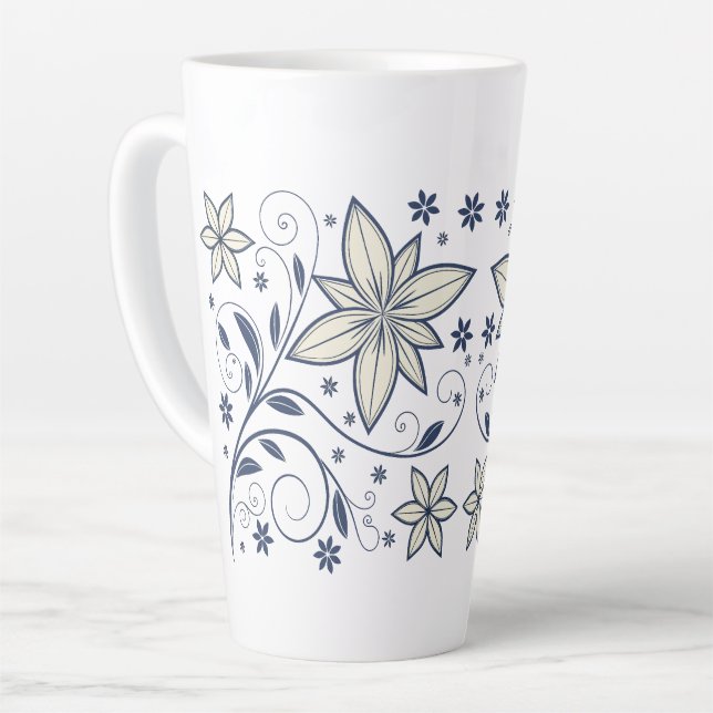 Tasse Latte Élégant modèle floral bleu marine | (Angle gauche)