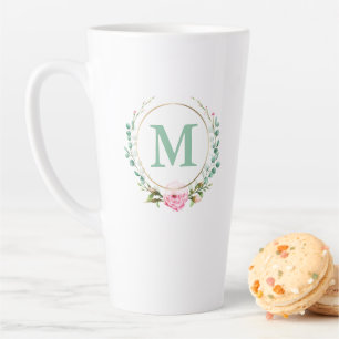 Tasse Latte Élégant monogramme de couronne florale rose rose