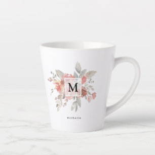 Tasse Latte Élégant Monogramme floral rose pâle