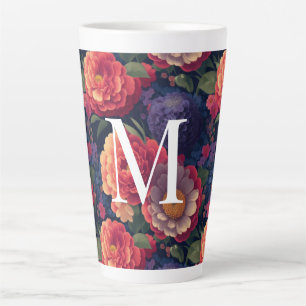 Tasse Latte Élégant monogramme romantique orange rouge floral